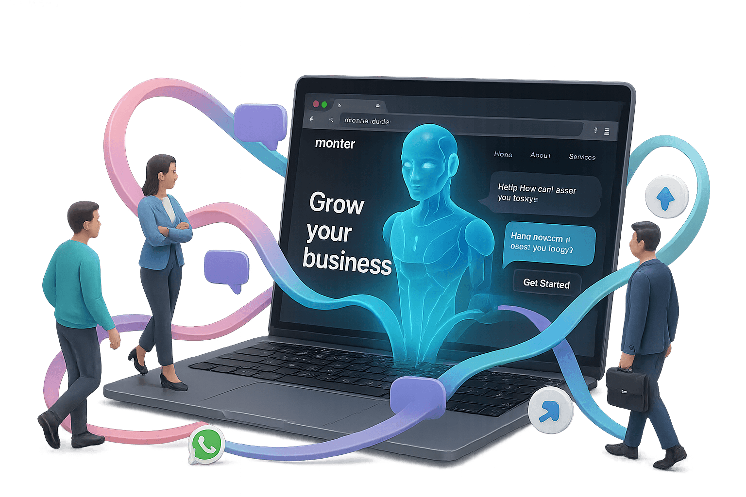 Ilustración de un agente de IA saliendo del navegador web e interactuando para convertir clientes.